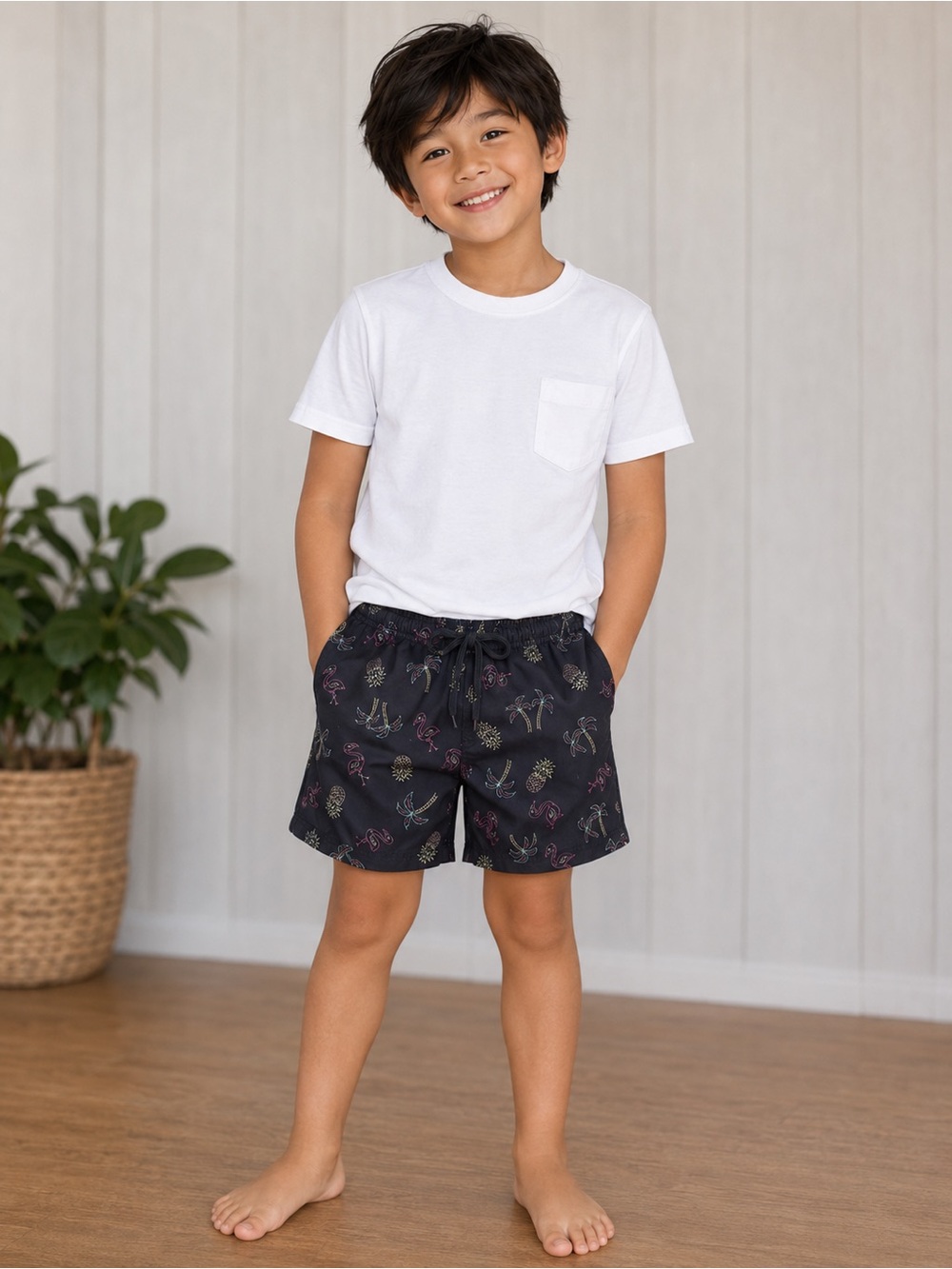 burnside Black Tropical Flamingo & Pineapple Swim Shorts